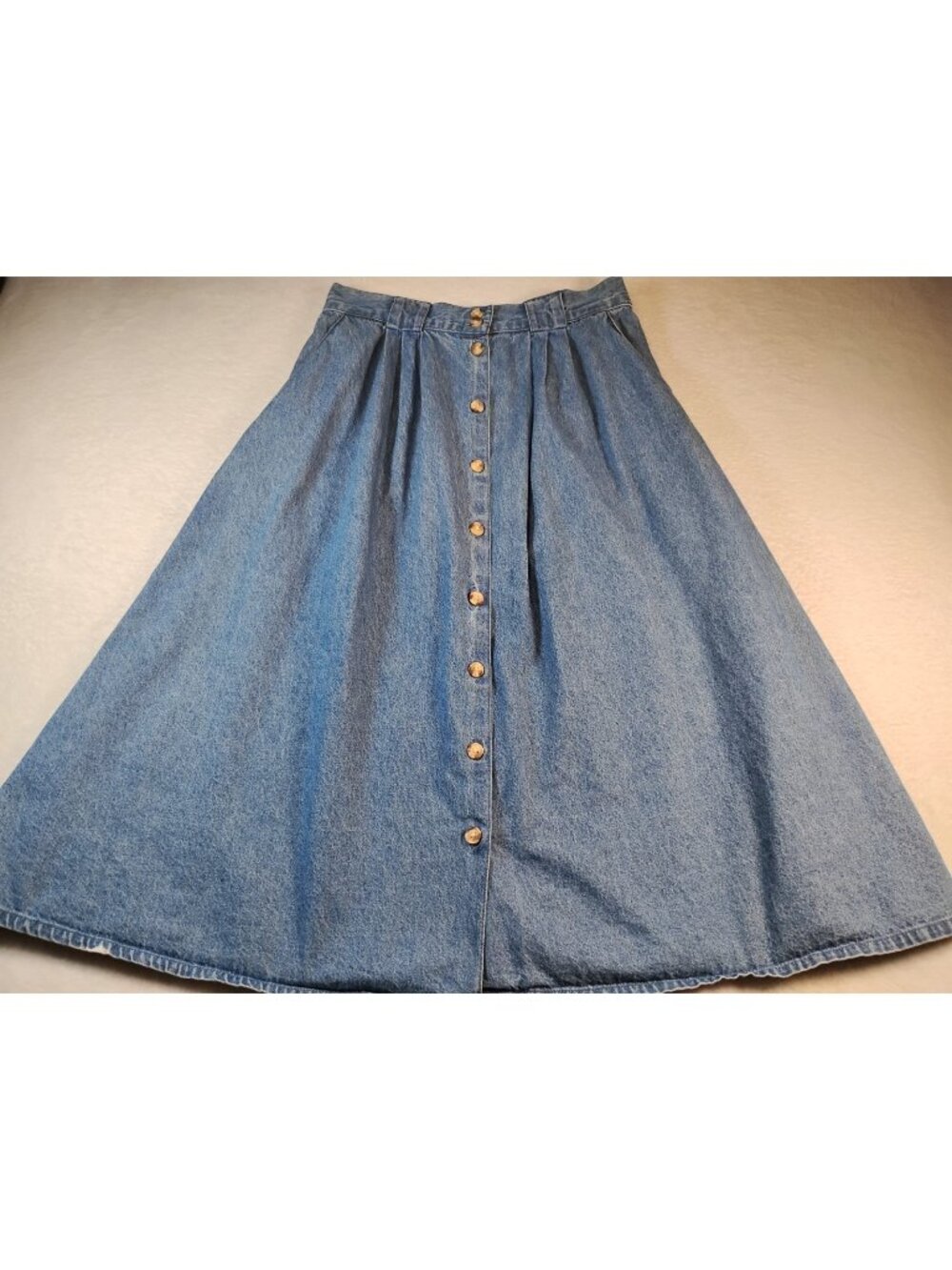 Vtg Cabin Creek Denim Midi Skirt Pleated Pockets Prairie School Casual Size 10P